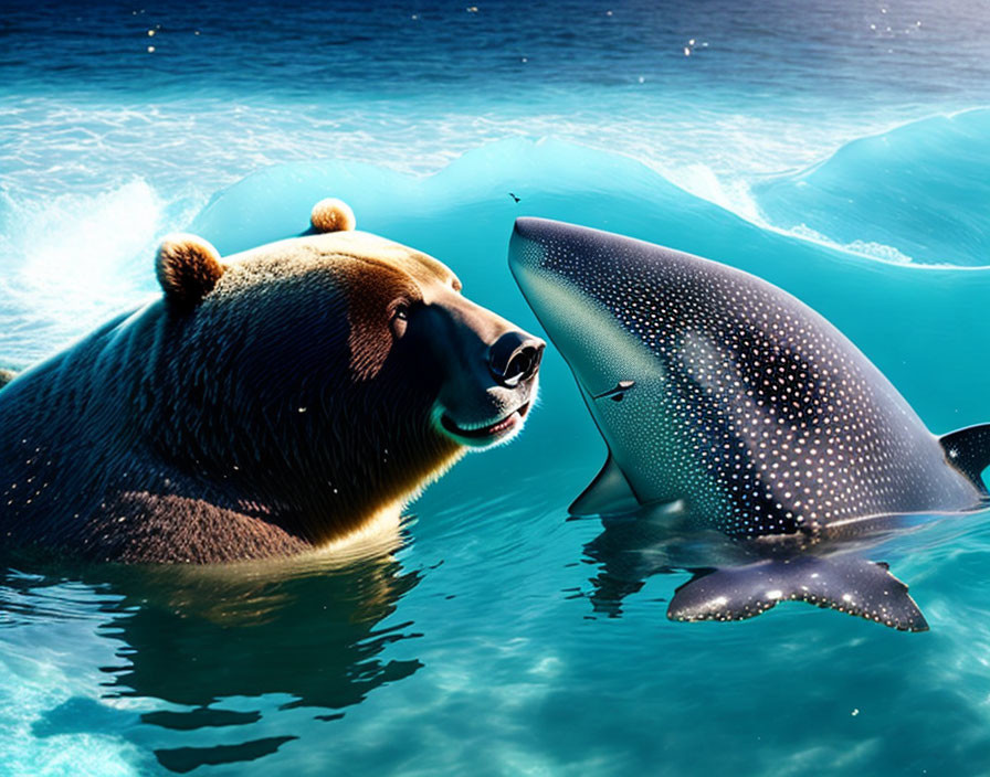 Bear and whale shark blend in surreal underwater scene