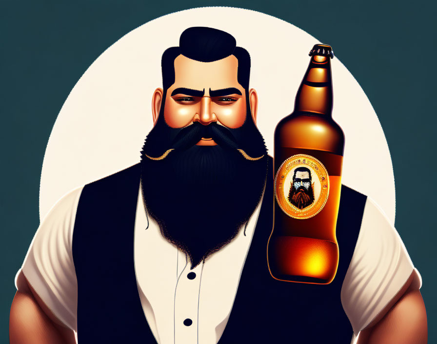 Bearded man in black vest holding beer with bear label