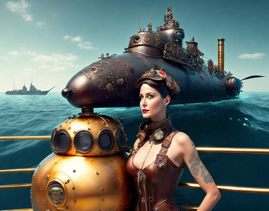 Steampunk woman with diving bell and submarine in calm sea