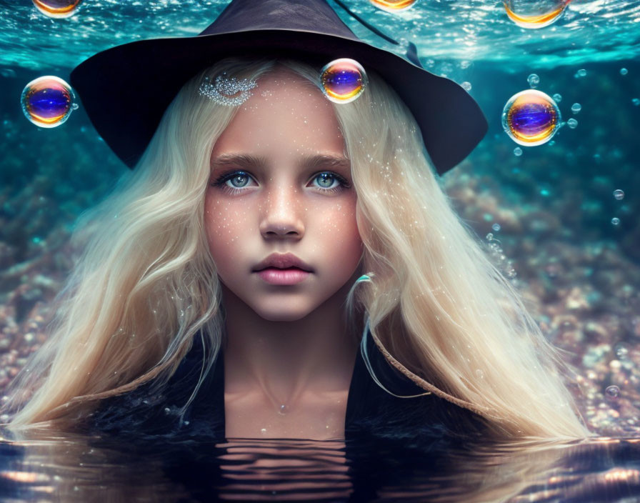 Young girl with blue eyes in witch hat submerged in water with floating bubbles