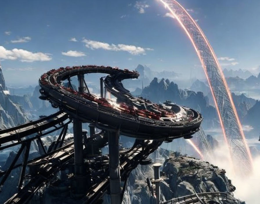 Futuristic roller coaster on metal platform above clouds with red energy streak