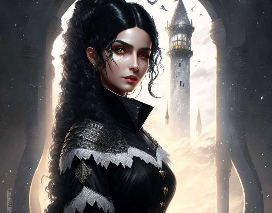 Gothic fantasy art: Woman with black hair, pale skin, red lips, striking eyes,