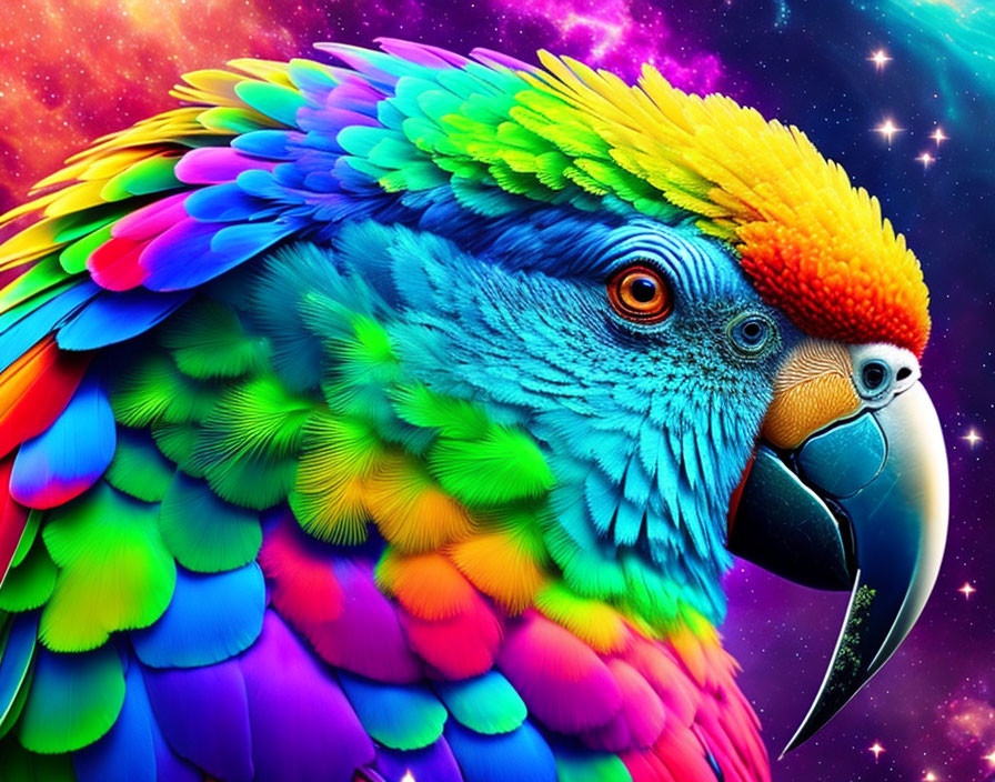 Colorful Rainbow Parrot on Cosmic Starry Background