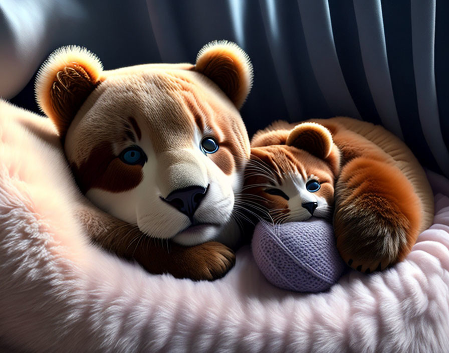 Two plush tigers cuddling a purple ball on fluffy white surface