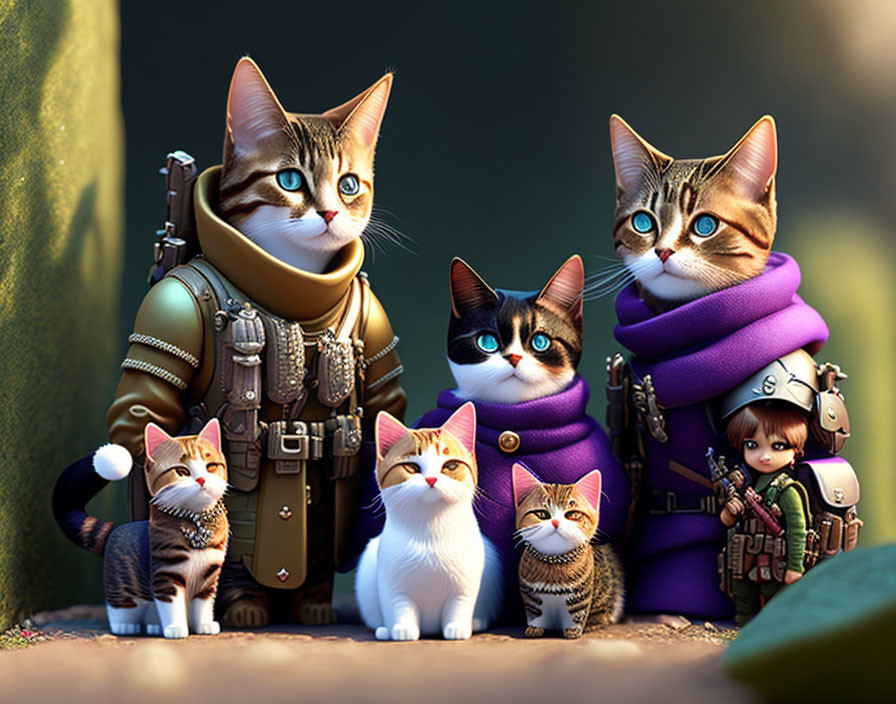 Stylized animated cats in military and adventure gear under dramatic lighting