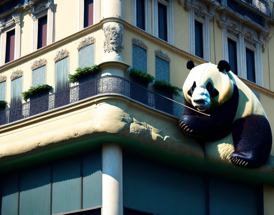 Large Panda Sculpture on Classical Building Ledge in Sunlight