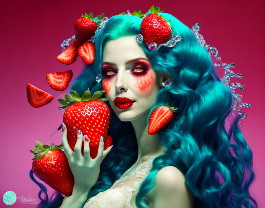 Turquoise-haired woman with strawberry makeup and berries on pink background