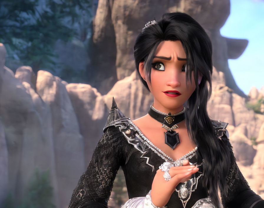 Black-haired female character in gothic outfit with silver details