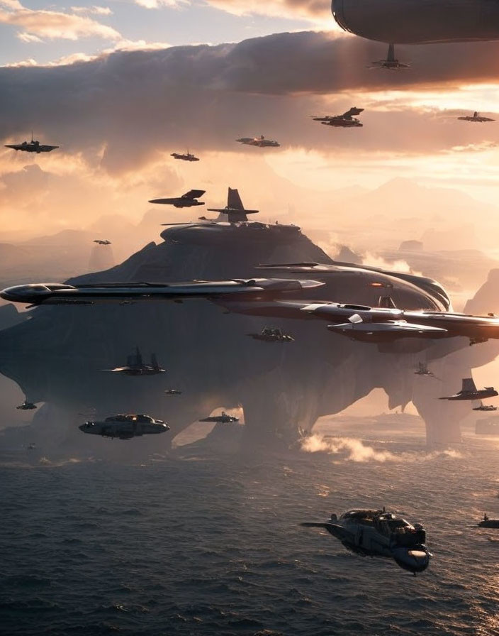 Futuristic aircraft over sea near mountain-like structure at golden hour