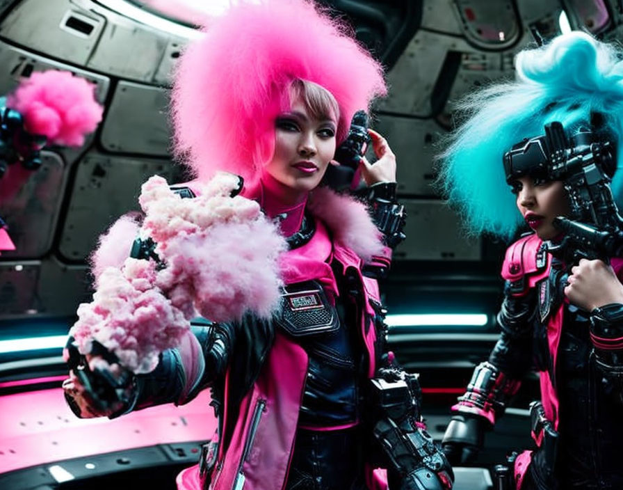 Two women with pink and blue hair in futuristic fashion with high-tech weaponry in a spacecraft setting.