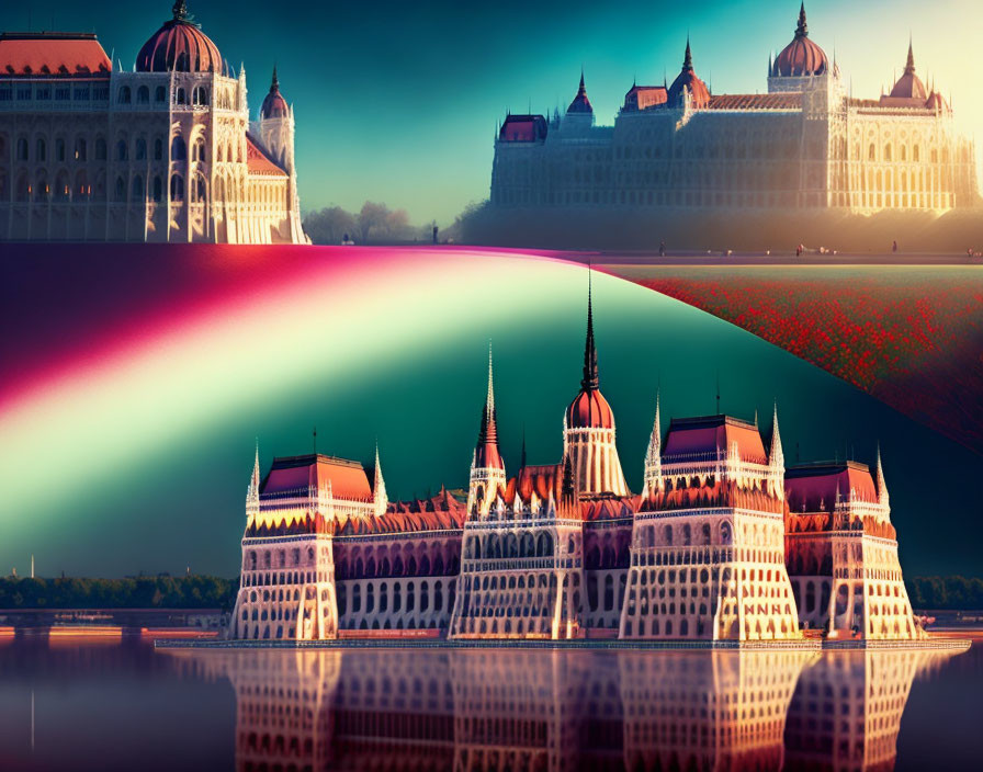 Composite Image: Hungarian Parliament Building Split Design with Daylight and Night Sky Tulip Field