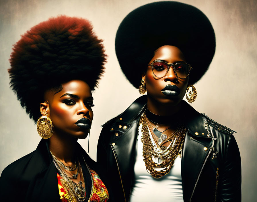 Individuals with prominent afros in sunglasses, leather, and gold jewelry on warm-toned background