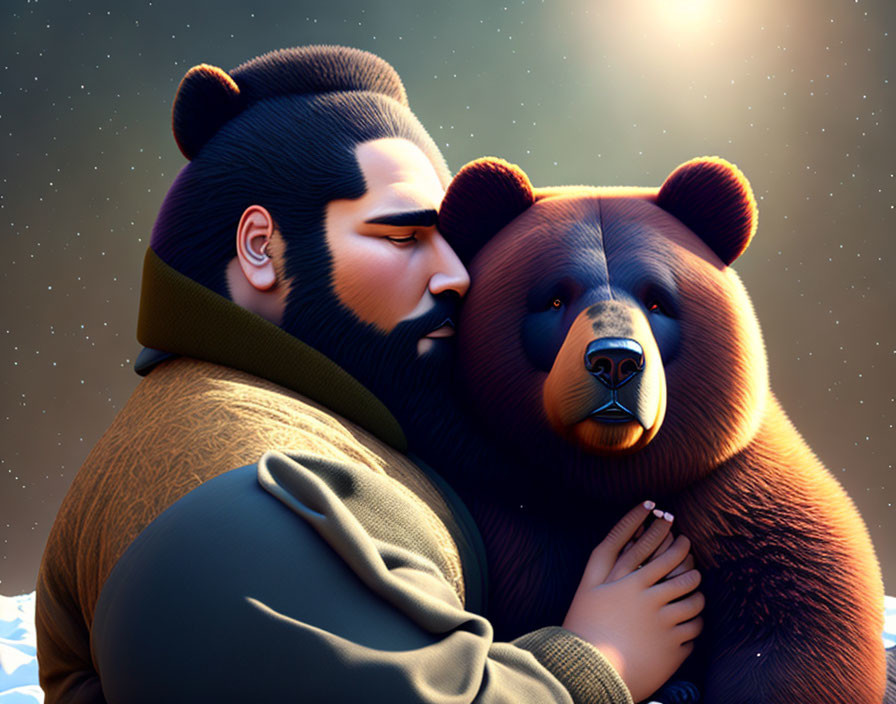 Stylized illustration of bearded man embracing brown bear at sunset