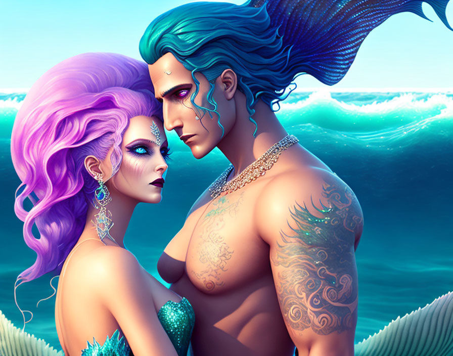 Colorful-haired merpeople with tattoos gazing by the ocean