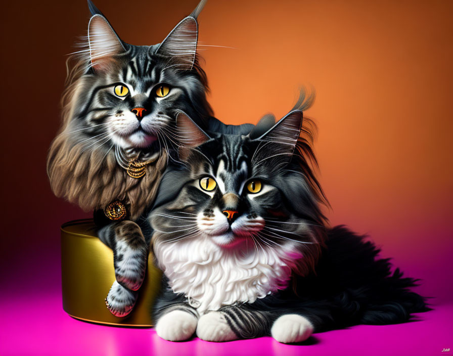 Hyper-realistic Maine Coon cats with yellow eyes on gradient background