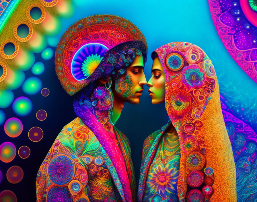 Colorful Artwork Featuring Two Individuals in Elaborate Attire Against Psychedelic Background