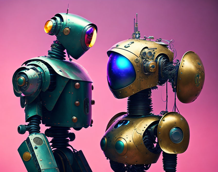 Steampunk-style robots with intricate designs on pink background