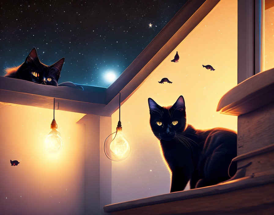 Two black cats in cozy room with warm lighting, one on windowsill and other on shelf, g