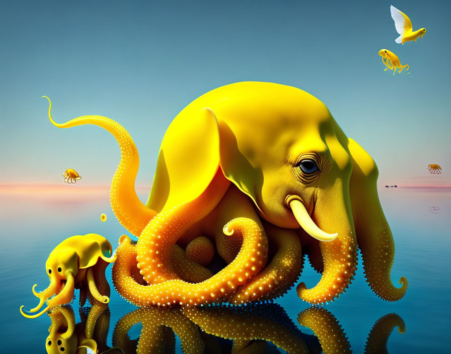 Surreal yellow elephant with octopus tentacles in water with birds and jellyfish under clear blue