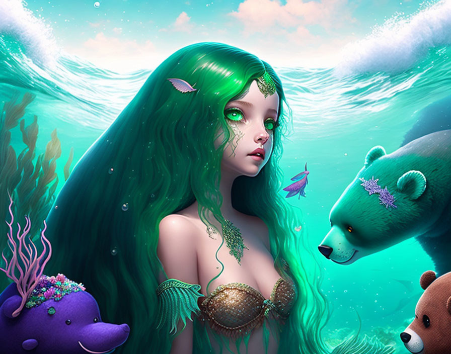 Fantastical Artwork: Green-Haired Mermaid with Fish Companions and Ethereal Bears