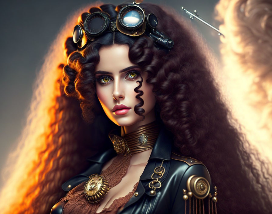 Steampunk-themed woman illustration with goggles, ornate collar, clockwork design, and curly hair