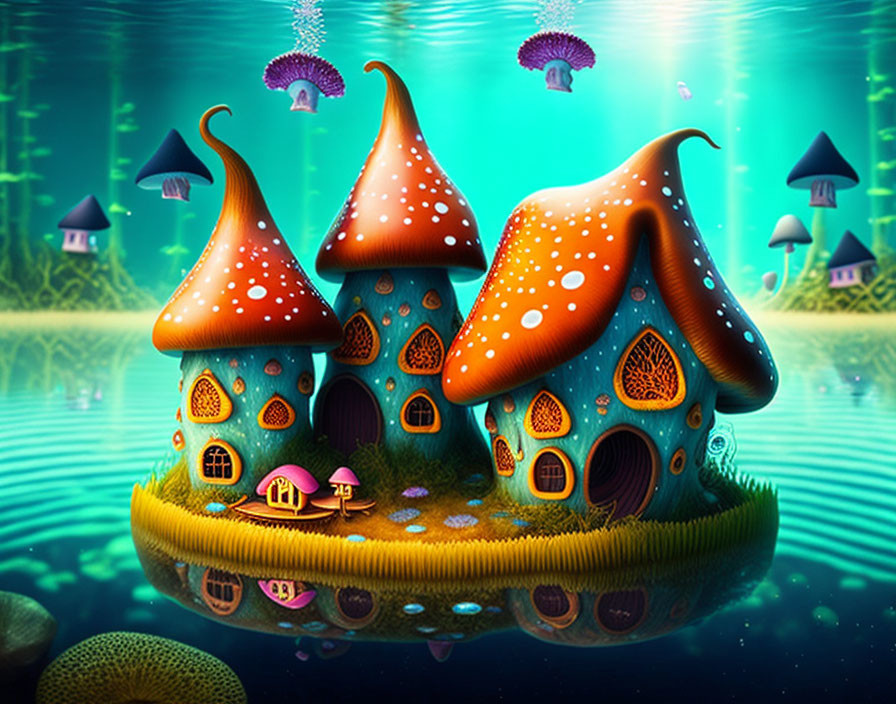 Vibrant mushroom-shaped houses in underwater scene with jellyfish and marine flora