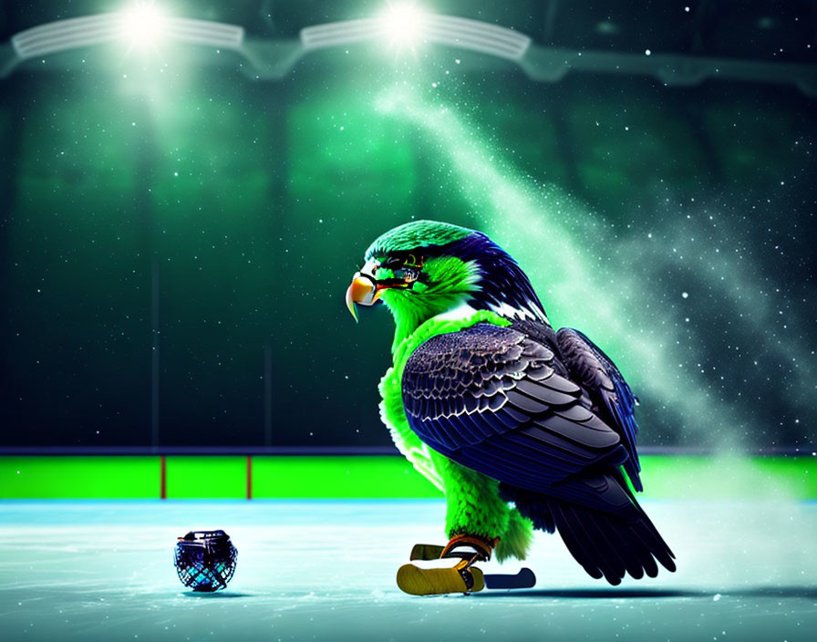 Stylized green eagle with hockey stick and puck on aurora-lit ice rink