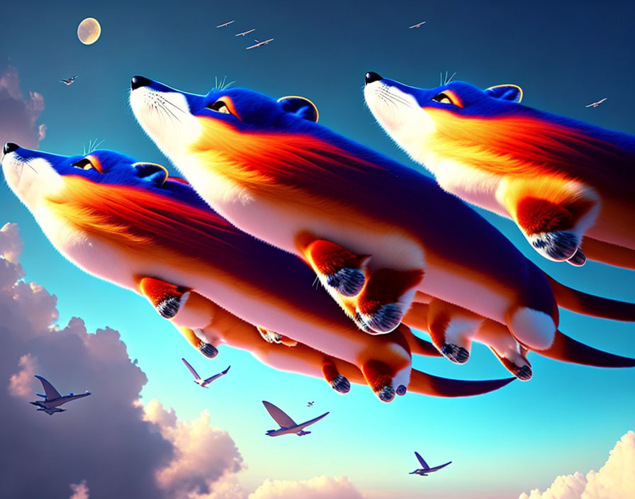 Surreal image: Oversized foxes with vibrant fur in sky with clouds and moon