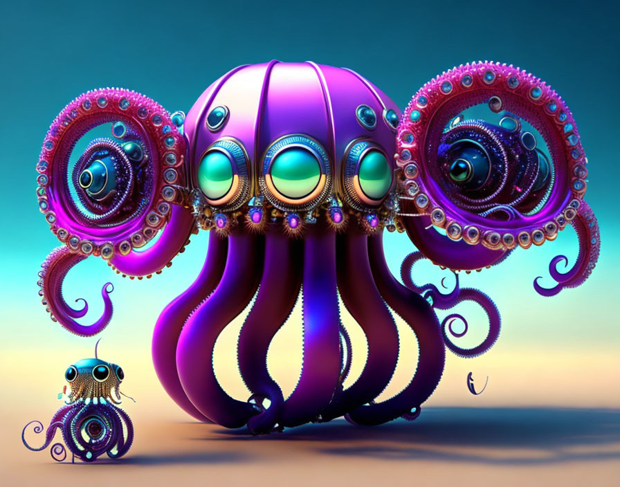 Vibrant Purple and Teal Octopus-Like Creatures in Surreal 3D Illustration