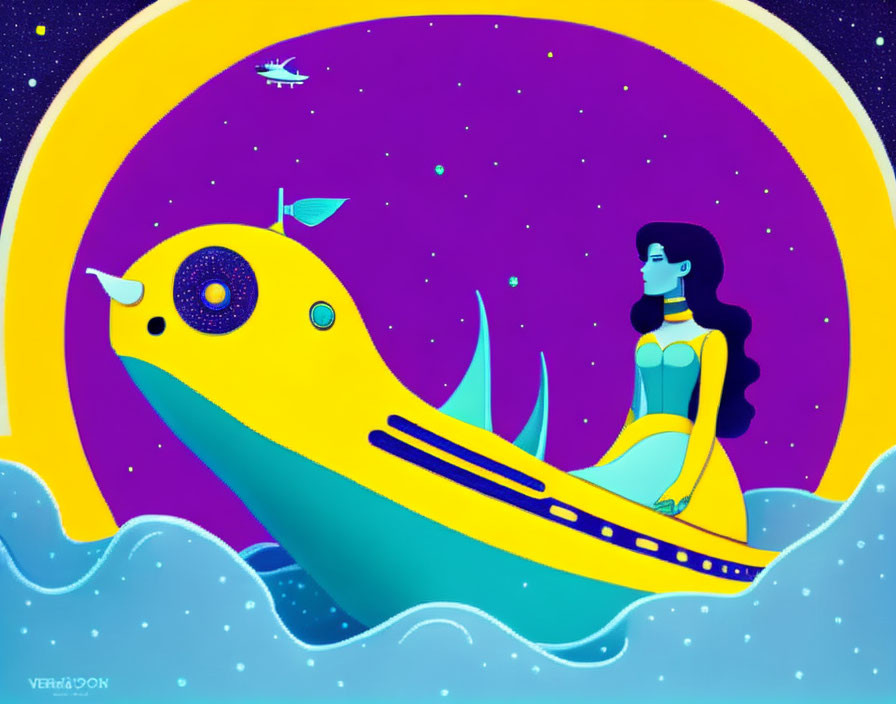 Woman riding yellow submarine in stylized ocean with purple sky