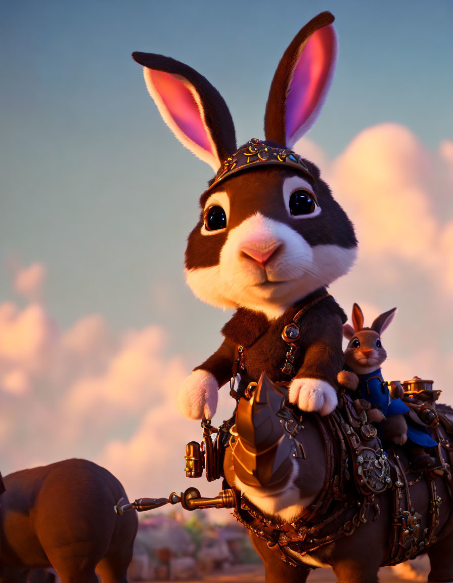 CGI-rendered image: Large rabbit in medieval attire with small rabbit on back, against dusk sky