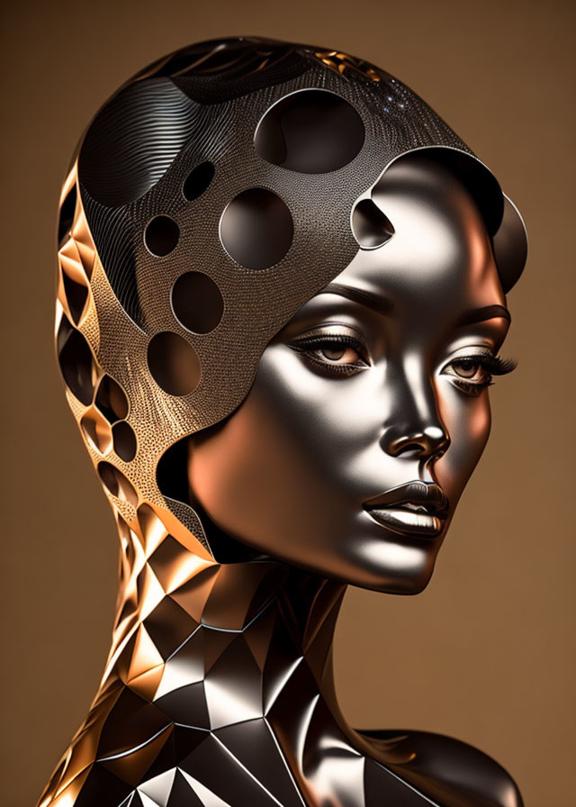 Futuristic metallic 3D illustration of female figure with honeycomb patterns