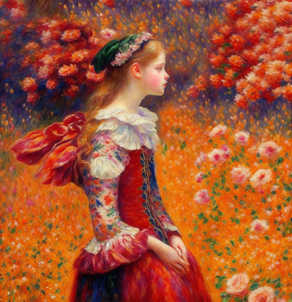 Young girl in vintage floral dress surrounded by impressionistic flowers