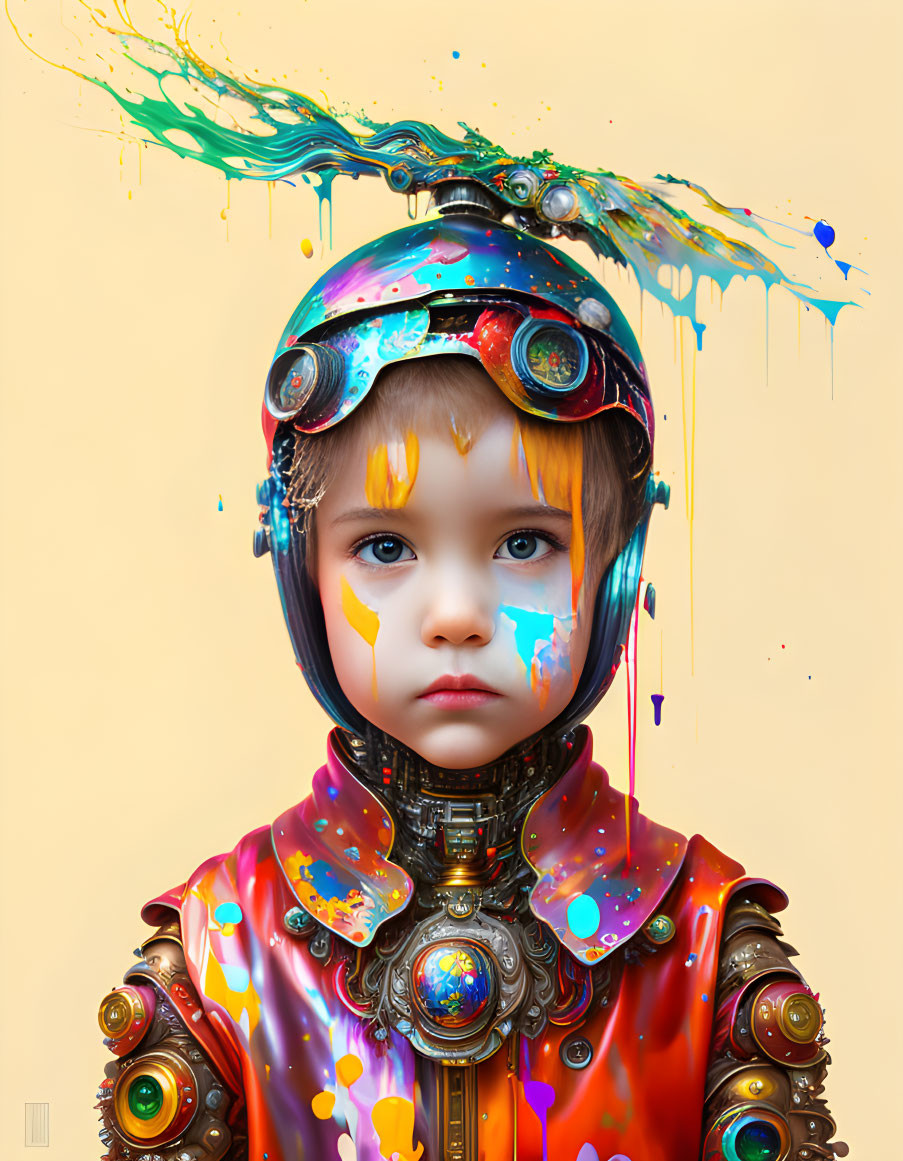 Futuristic child in colorful helmet and armor with paint splashes