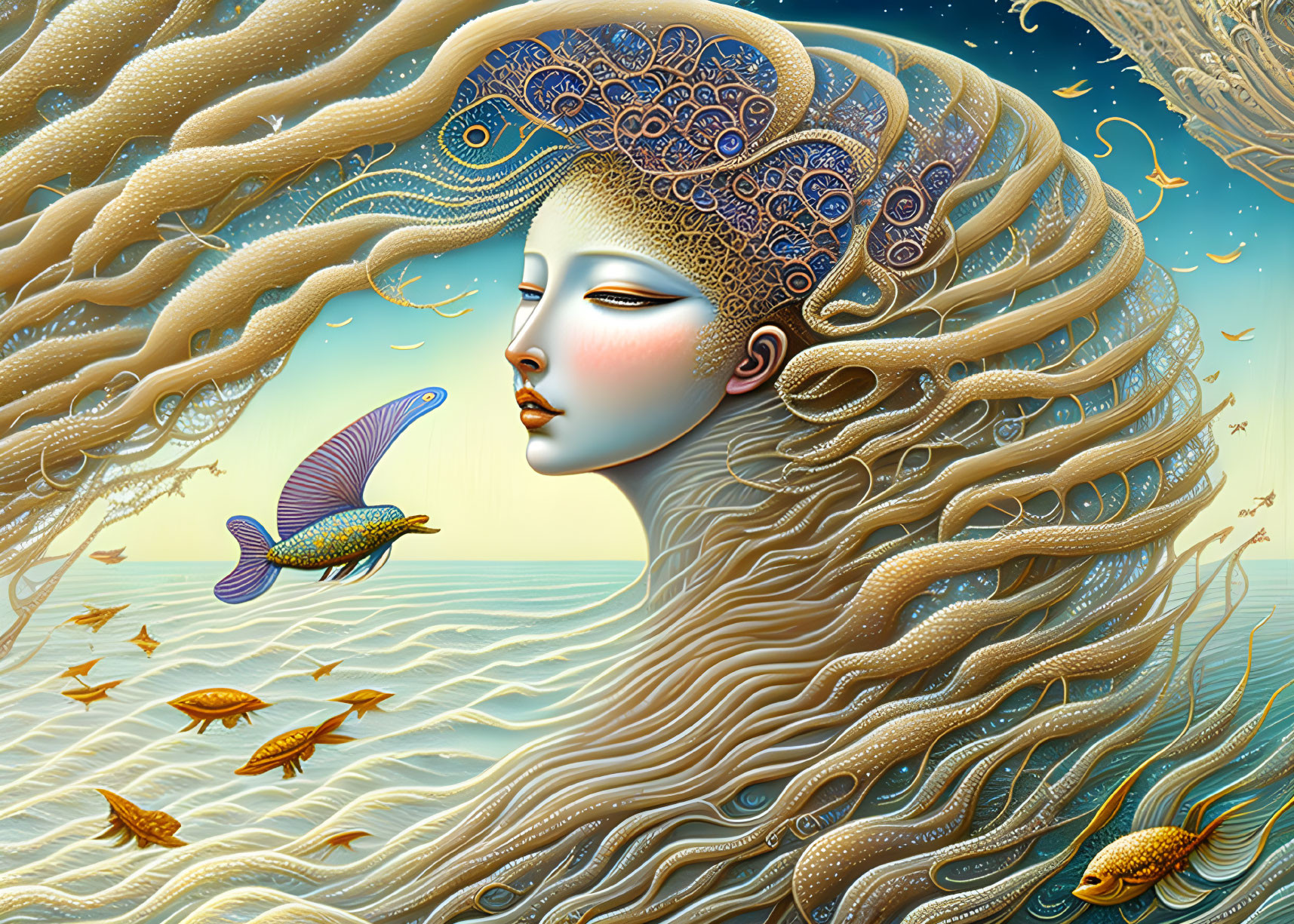 Woman with flowing hair, ocean waves, fish, and mystical aura.