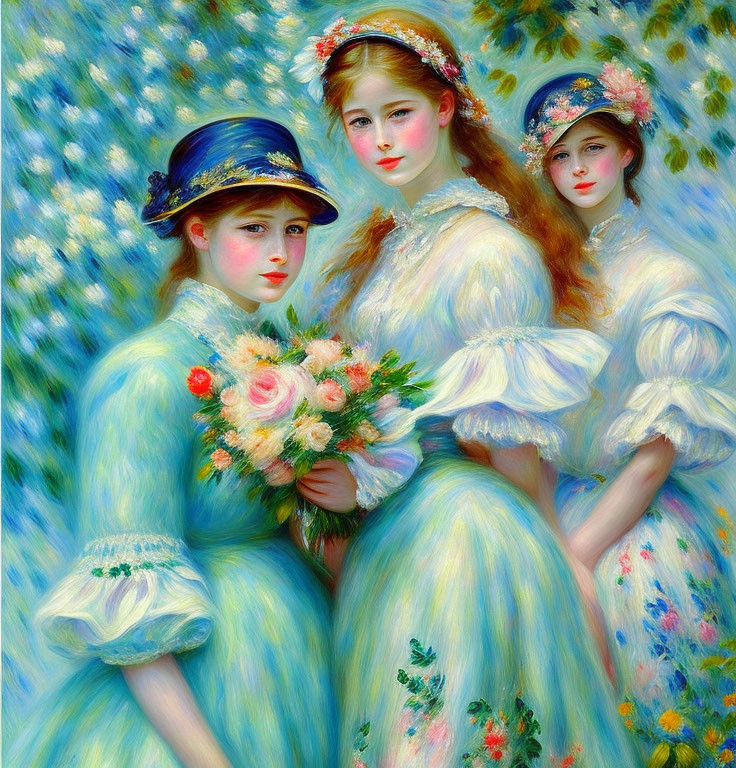 Three women in pastel dresses and floral hats in a blooming garden scene