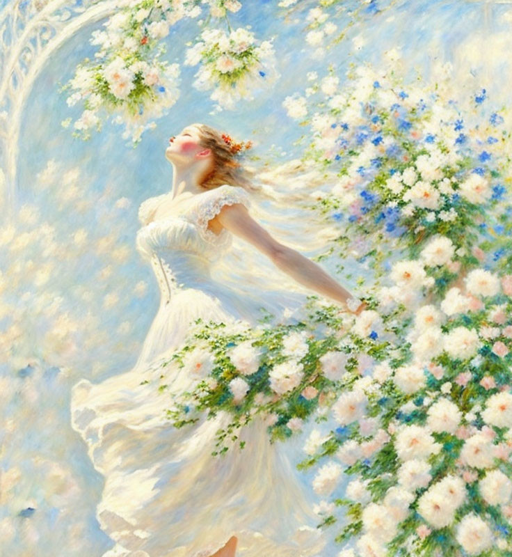 Woman in white dress dancing among delicate flowers under clear blue sky