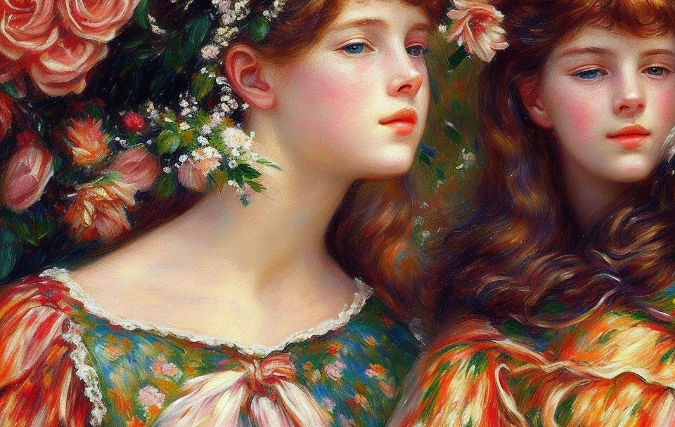 Victorian-era painting of two young women in floral dresses