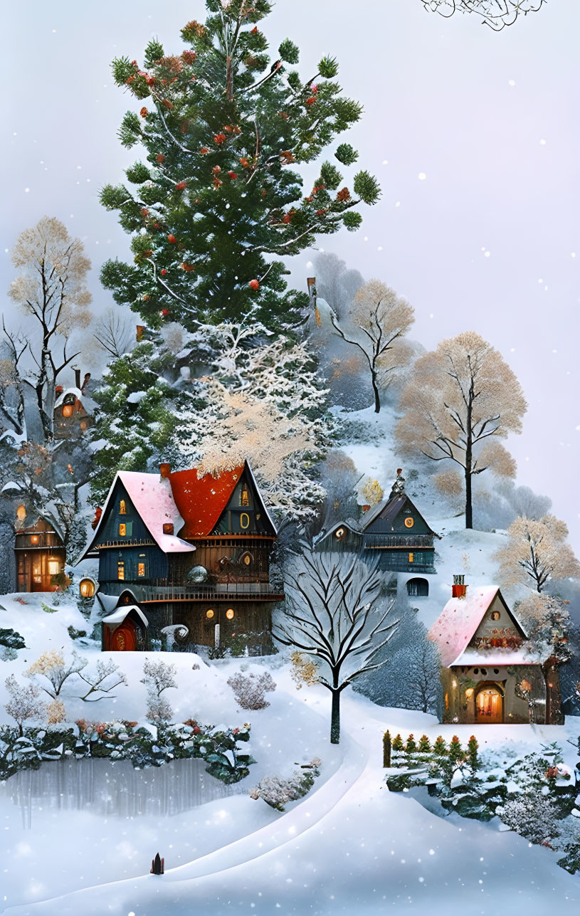 Snow-covered cottages, Christmas tree, and snowy hills in winter scene