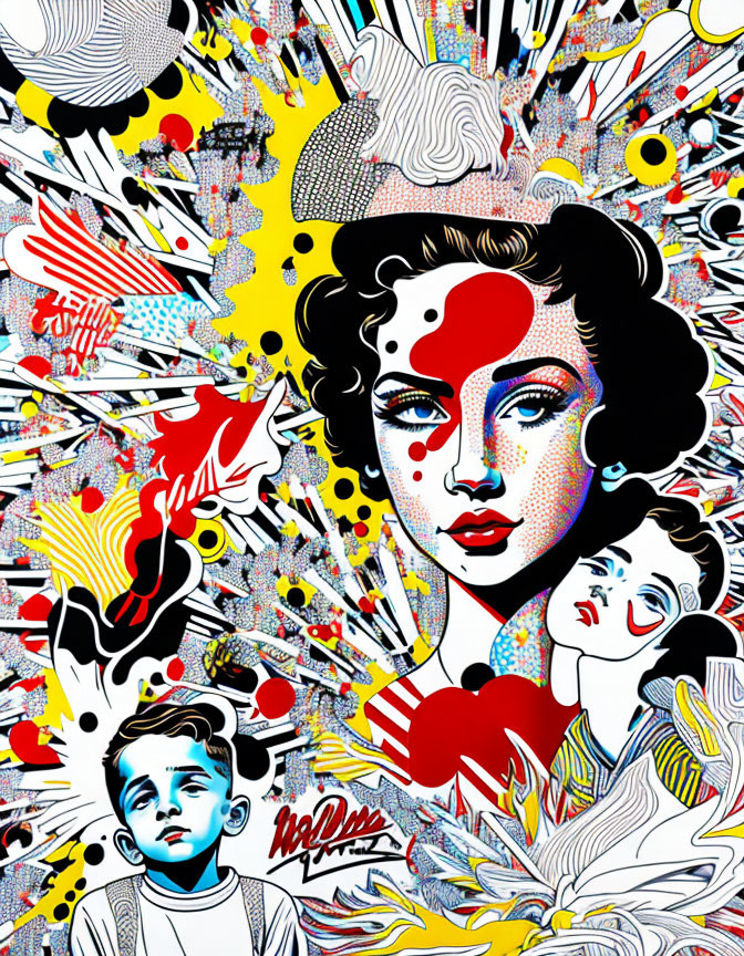 Colorful Pop Art Style Illustration with Female Face, Red Dot, Boy, and Abstract Shapes