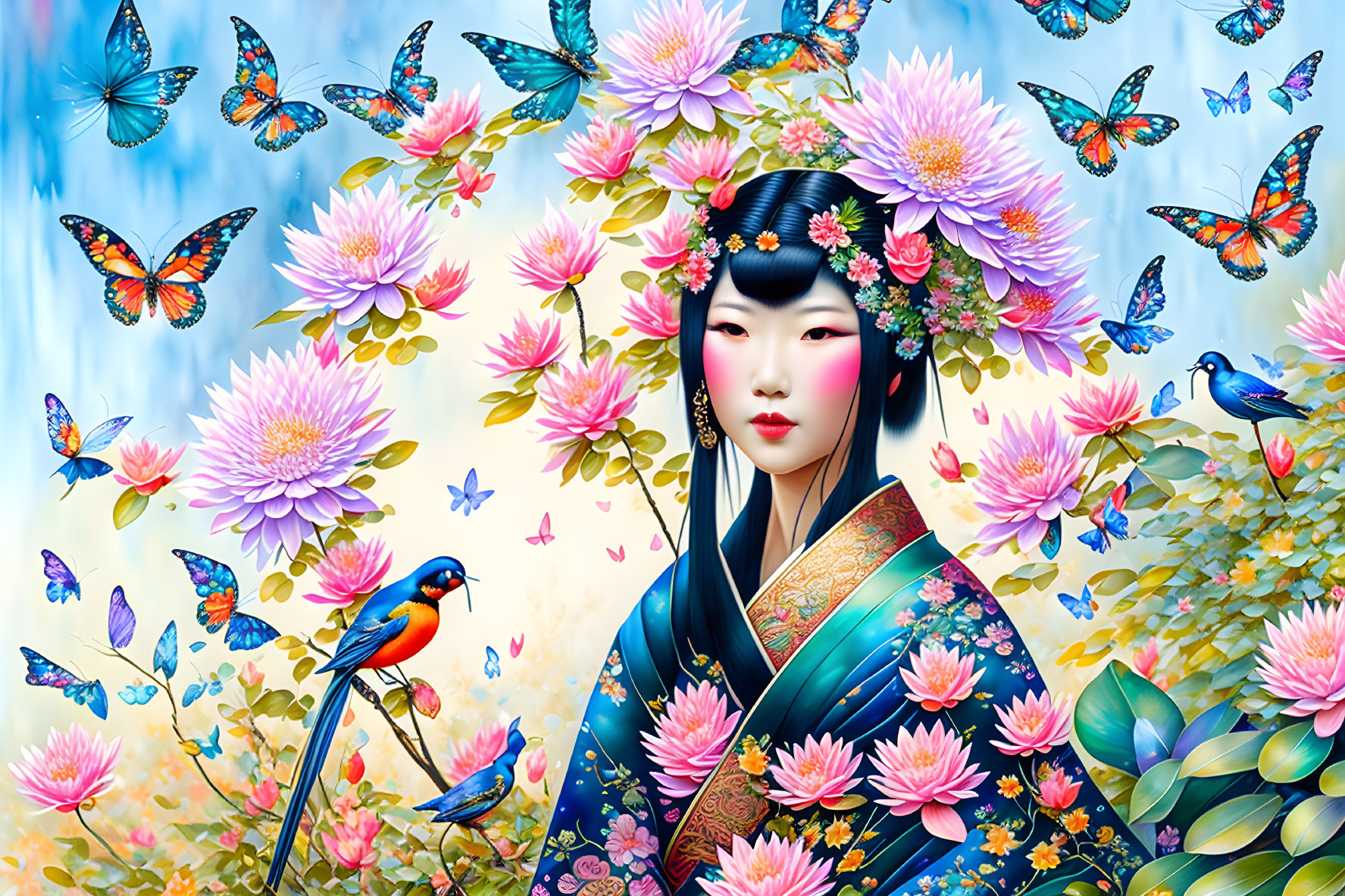 Traditional Japanese Attire Woman with Flowers and Butterflies in Blue Sky