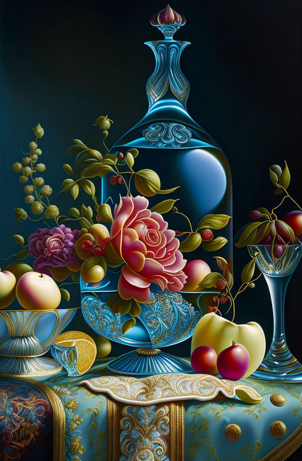 Detailed Still Life Painting with Glass Decanter, Flowers, Fruit, and Tablecloth