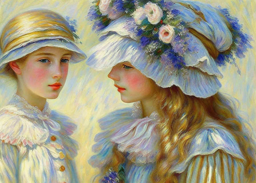 Two girls in elegant hats with flowers in a classical painting.