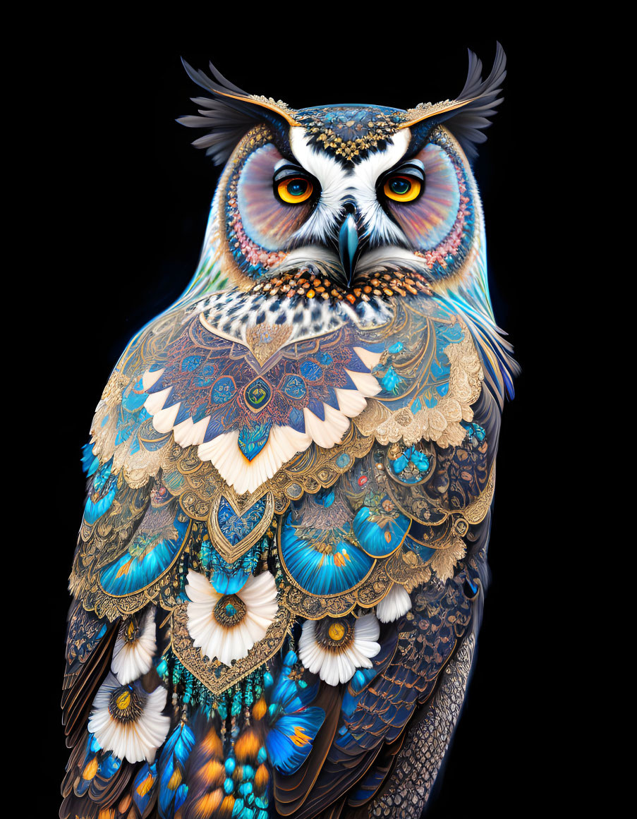 Colorful Owl Artwork with Detailed Feathers on Black Background