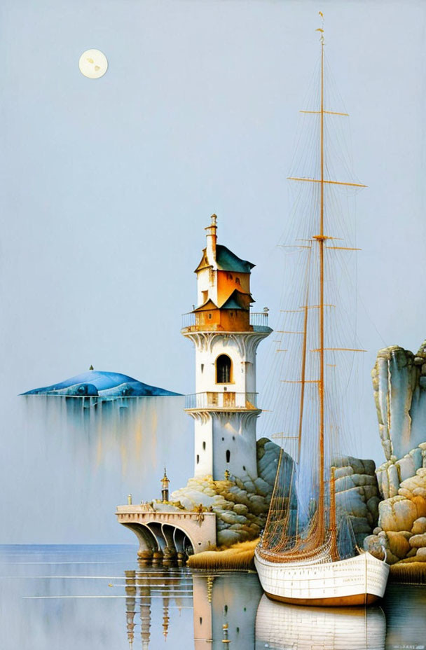 Fantasy landscape with tall ship, castle tower, and pastel sky