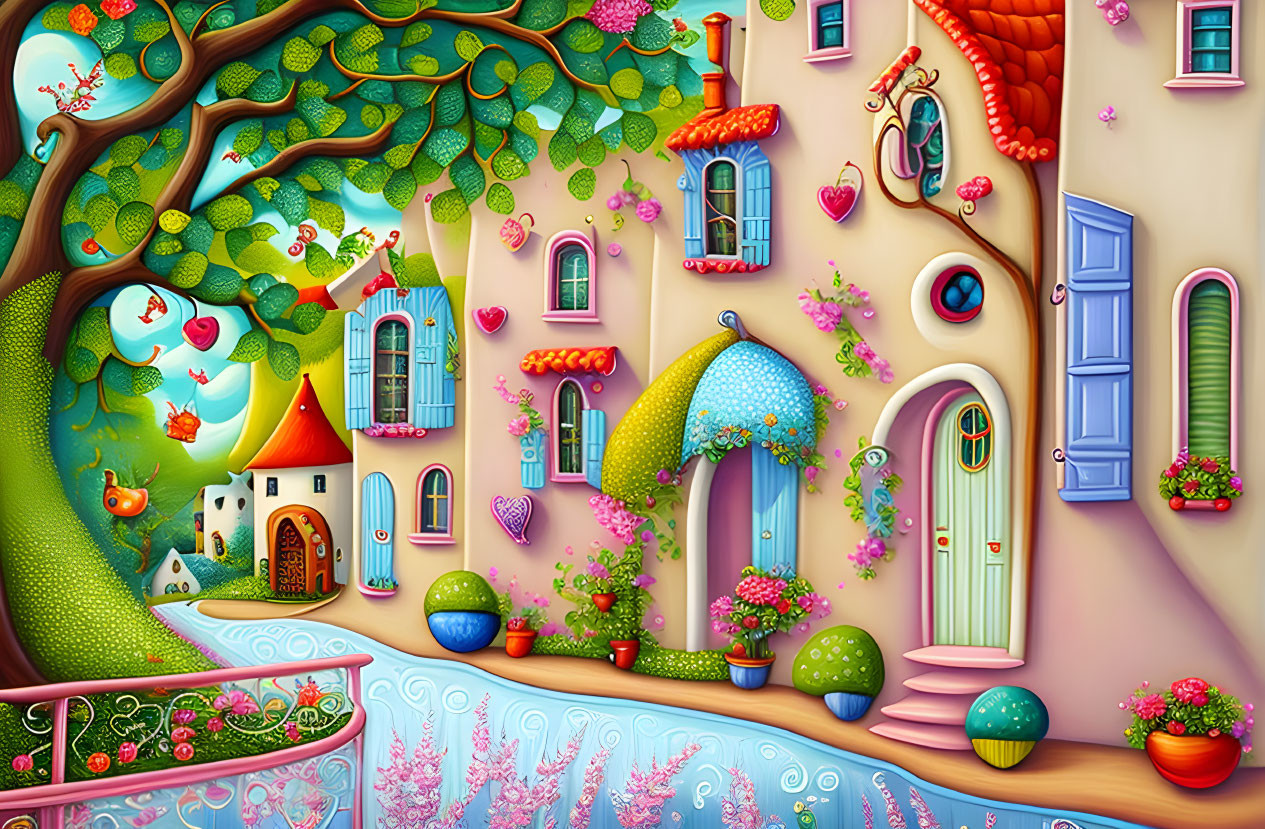 Colorful Fairytale Village Illustration with Whimsical Houses and River