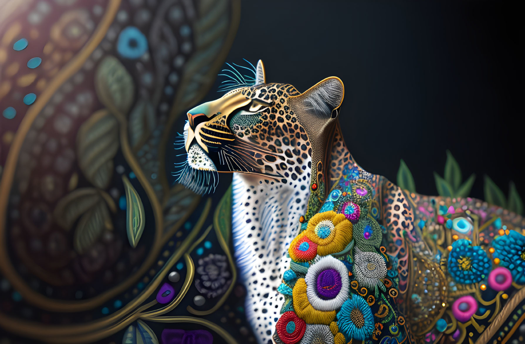 Colorful Leopard Artwork with Intricate Patterns on Dark Background