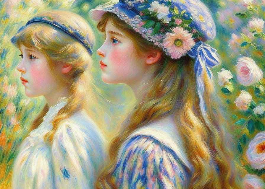 Impressionist Painting: Young Girls in Elegant Hats Surrounded by Floral Brushstrokes