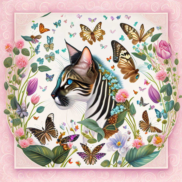 Stylized cat illustration with butterfly, flower, and foliage patterns on pink background