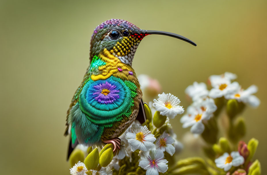 Vibrant hummingbird with iridescent feathers on branch with white flowers